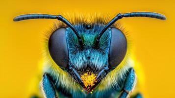 Close Up Macro Photography of a Vibrant Blue Bee with Pollen Detailed Insect Portrait photo