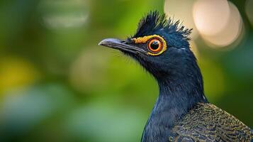 Stunning Close up of a Metallic Starling Bird with Vibrant Orange Eye and Green Background photo