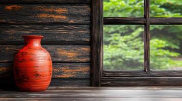 Rustic Red Clay Vase on Dark Wooden Windowsill Natural Green Background photo