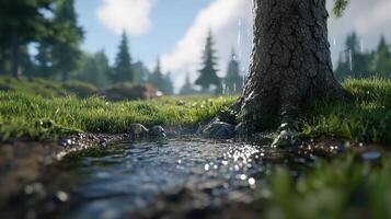 Serene Forest Puddle Rain Drops Falling from Tree Trunk onto Lush Green Grass photo