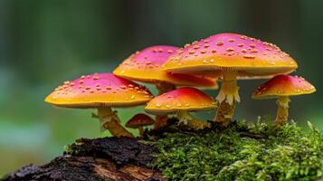 Vibrant Cluster of Red and Orange Mushrooms Growing on Mossy Log in Forest photo