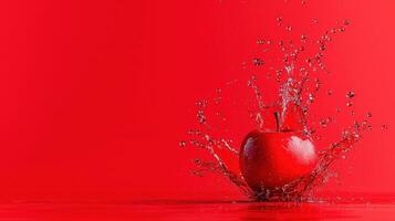 Red Apple Splashing into Water on Red Background Vibrant Fruit Photography photo