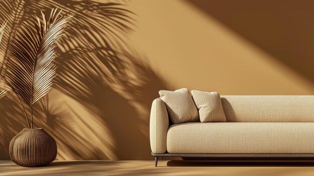 Beige Sofa in Minimalist Room with Palm Shadow and Woven Vase photo