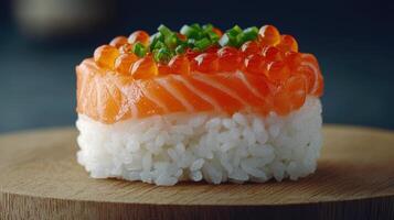 Delicious Salmon Sushi with Ikura and Rice Close up Food Photography photo