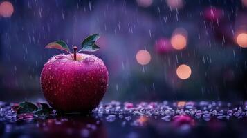 Red Apple in Rain Dark Moody Atmosphere Night Photography Water Droplets photo