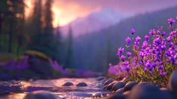 Serene Sunset Landscape Purple Flowers by Calm Stream Mountain View photo