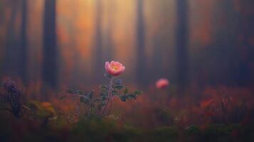 Serene Pink Flower in Misty Autumn Forest Nature Photography Magical Dawn Light photo