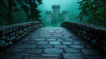 Mystical Stone Bridge Leading to a Foggy Medieval Castle in a Dark Forest photo