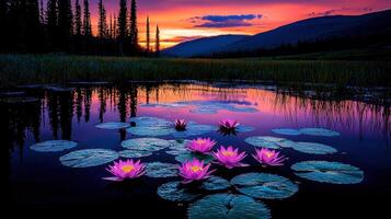 Serene Sunset Landscape Pink Water Lilies on Calm Pond at Dusk photo