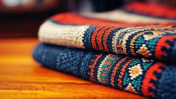 Colorful Knitted Fabric Texture Woven Pattern Warm Autumn Colors Close Up Detail photo