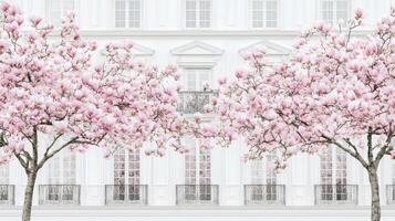 Elegant Parisian Building Facade Adorned with Blooming Pink Magnolia Trees in Spring photo