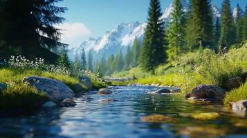 Serene Mountain Stream Crystal Clear Water Flowing Through Lush Alpine Meadow photo