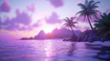 Serene Tropical Sunset Palm Trees Ocean and Purple Sky at Dusk photo