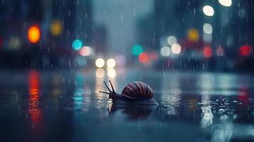 Snail in Rain on City Street at Night Bokeh Lights Wet Asphalt photo