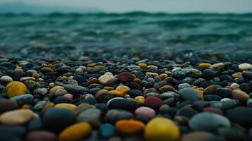 Colorful Stones on Beach Ocean Waves Background Pebble Texture Seashore Nature photo