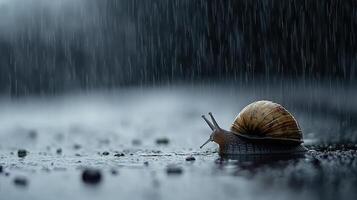 Snail in Rain A Macro Photography of a Snail Crawling on Wet Ground During a Downpour photo