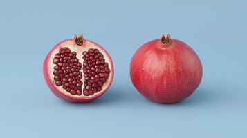 Juicy Red Pomegranate Fruit Halved and Whole on Blue Background photo