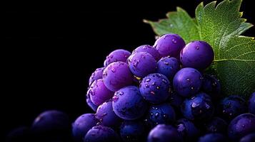 Juicy Purple Grapes with Dew Drops on Vine Leaf Close up Macro Photography photo