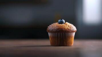 Delicious Blueberry Muffin on Rustic Wooden Table Sweet Baked Good photo