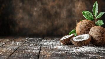 Fresh Organic Coconuts with Shredded Coconut on Rustic Wooden Table photo