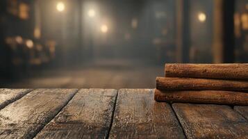 Rustic Wooden Table with Stacked Cinnamon Sticks Blurred Background Autumnal Setting photo