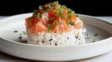 Delicious Salmon Sushi Rice Bowl Topped with Roe and Scallions photo