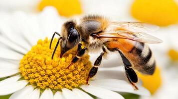 Honeybee Close Up on White Daisy Flower Pollination Insect Macro Photography photo