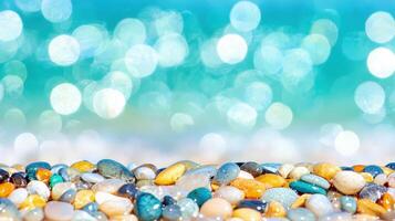 Colorful Beach Stones with Ocean Bokeh Background Summer Vacation Scene photo