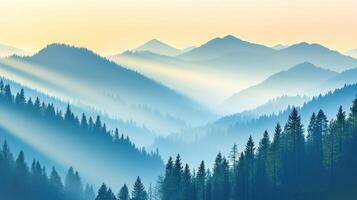 Serene Misty Mountain Landscape Sunbeams through Coniferous Forest photo