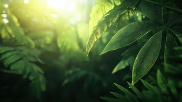 Lush Tropical Rainforest Foliage Sunlight Through Green Leaves Nature Background Image photo