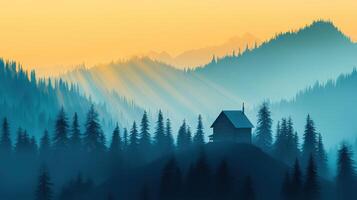 Serene Sunrise Misty Mountain Cabin in a Coniferous Forest photo