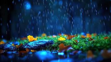 Enchanting Rain Moss Flowers and Stones in a Nighttime Downpour photo