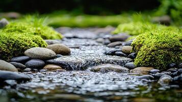 Serene Stream Flowing Over Smooth Stones and Lush Green Moss in a Tranquil Natural Setting photo