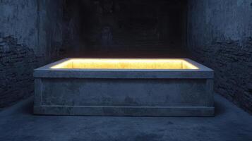 Illuminated Concrete Trough in Ancient Ruins Architectural Detail Glowing Interior Stone Structure photo
