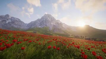 Majestic Mountain Landscape with Vibrant Red Poppy Field at Sunset photo