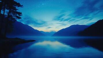 Serene Twilight Landscape Mountains Lake and Starry Night Sky Reflection photo