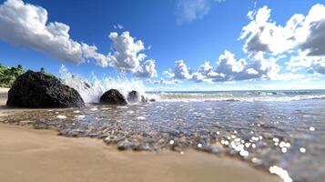Serene Tropical Beach Scene Waves Crashing on Rocks Sunny Sky photo