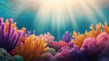 Vibrant Underwater Coral Reef Scene Sunbeams Illuminate Colorful Coral Polyps and Ocean Life photo
