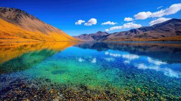 Serene Mountain Lake with Crystal Clear Water and Autumn Colors Reflecting photo