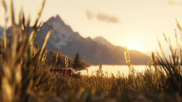 Golden Hour Serenity Mountain Lake Sunset with Grassland photo