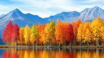 Vibrant Autumn Trees Reflecting in Calm Lake Majestic Mountain Backdrop photo