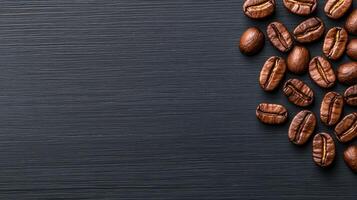 Aromatic Roasted Coffee Beans Scattered on Dark Wood Background photo