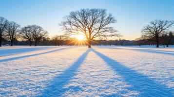 Majestic Winter Sunrise Snow Covered Field with Tree Shadows at Dawn photo