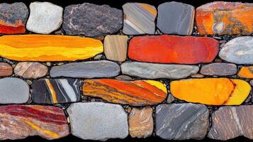 Vibrant Colorful Stone Wall Texture Abstract Background of Multicolored Rocks and Pebbles photo