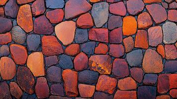 Wet Red and Brown Stone Wall Texture Background Irregular Cobblestone Pattern photo