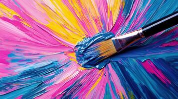 Vibrant Abstract Painting Texture with Paintbrush Pink Blue and Yellow Swirls photo