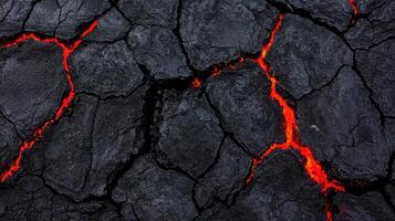 Volcanic Rock Texture Glowing Lava Cracks in Dark Obsidian Surface Background photo