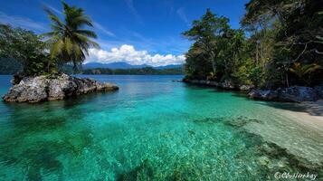 Idyllic Tropical Island Cove Crystal Clear Water Lush Greenery Palm Trees Sandy Beach photo