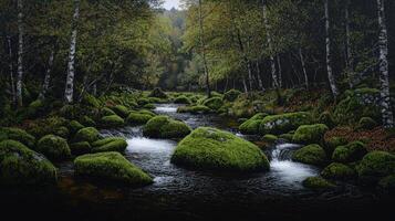 Serene Mossy Stream Flowing Through Lush Green Forest Tranquil Nature Scene photo