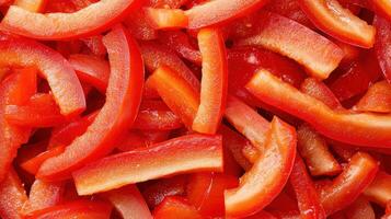 Vibrant Red Bell Pepper Strips Close Up Food Texture Culinary Background Sliced Peppers photo